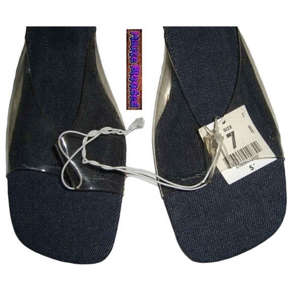 Vintage 90s y2k Deadstock Clear Lucite Plastic Denim Slides Square Toe Heels 7 - Picture 9 of 15